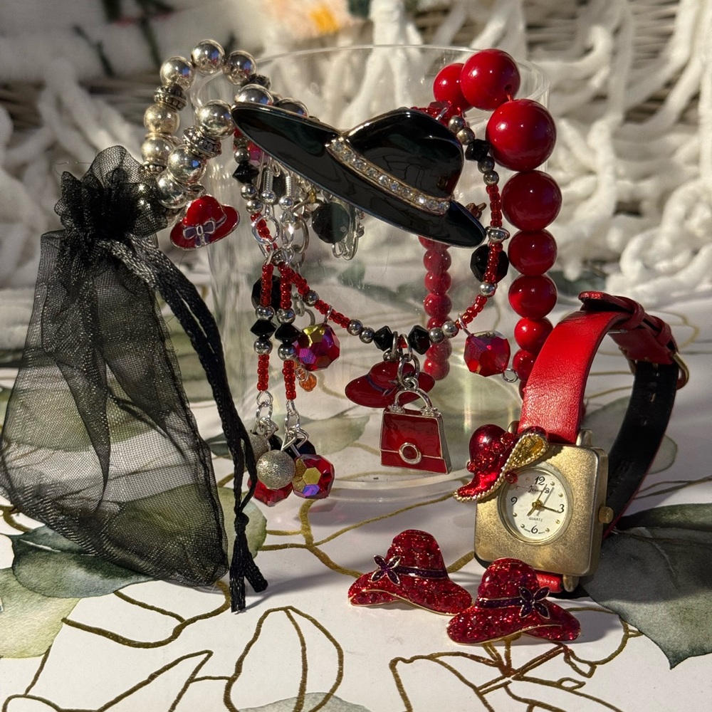 Red and Black Jewelry Set with Watch